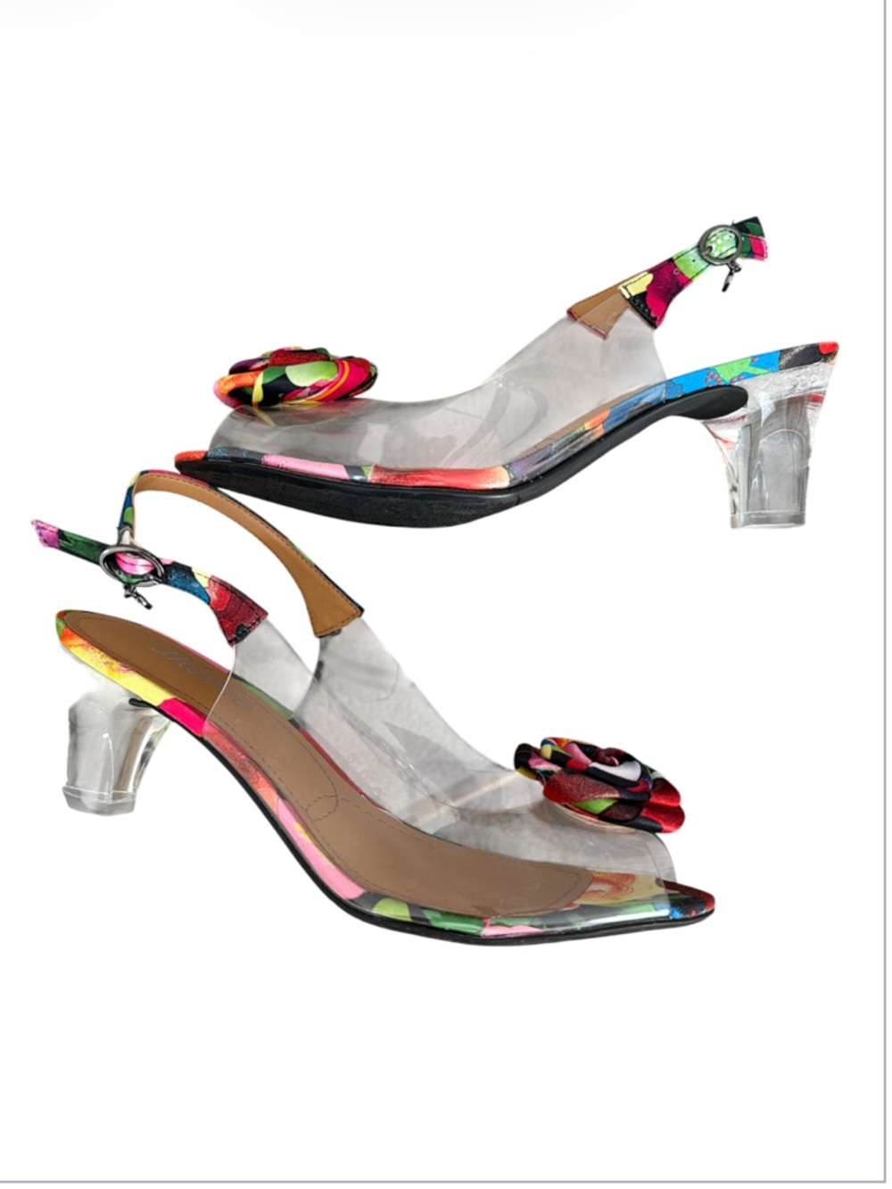 J. Reneé Dailona Clear Vinyl Rainbow Slingback Heels Floral Accent Size 8